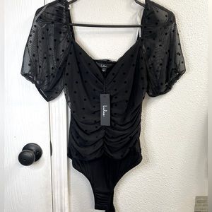 Lulus Black Mesh Sleeve Ruched Bodysuit